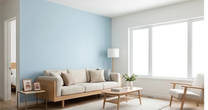 Phòng khách sinh động với bức tường sơn màu xanh dương pastel phối cùng nội thất trắng sứ cho người mệnh Thủy
