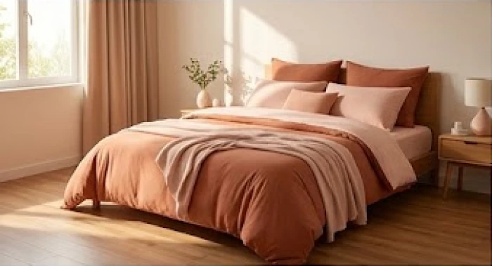 Không gian phòng ngủ được phối màu hồng nhạt và cam đất mang lại năng lượng tương sinh cho mệnh Thổ
