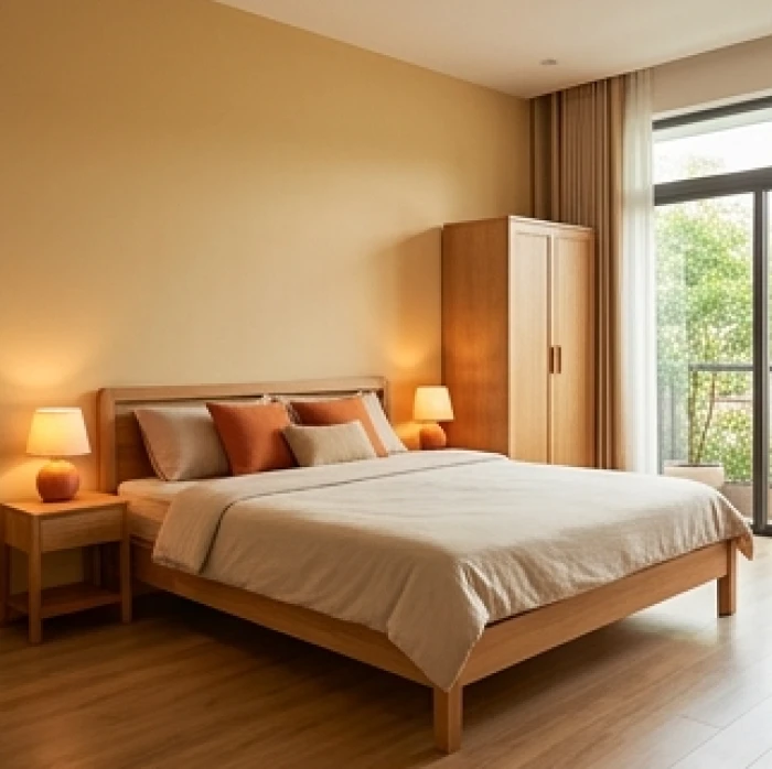 Phòng ngủ ấm cúng sơn tường màu vàng cát kết hợp đèn trang trí ánh sáng cam dịu dành cho gia chủ canh tý 1960