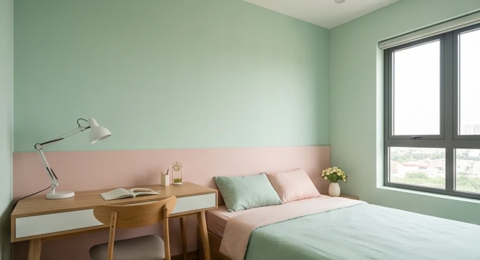 Phòng ngủ cho trẻ tuổi Kỷ Sửu với tường nền màu xanh ngọc pastel kết hợp vách đầu giường nhấn hồng dịu nhẹ