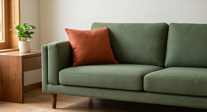 Góc phòng khách với ghế sofa màu xanh lá êm ái điểm xuyết chiếc gối tựa màu đỏ cam ấm áp.