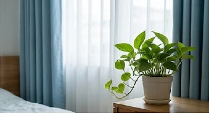 Góc phòng ngủ được trang trí bằng rèm cửa màu xanh lam và cây trầu bà xanh mướt bên bệ cửa sổ