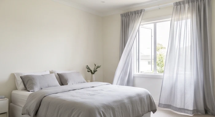 Phòng ngủ màu trắng kem kết hợp rèm cửa xám bạc mang lại cảm giác thư thái cho nữ mạng 1996