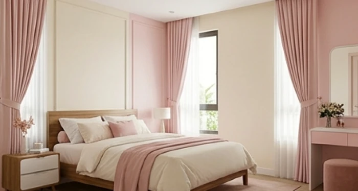 Phòng ngủ vợ chồng màu kem nhạt kết hợp điểm nhấn rèm cửa và góc bàn trang điểm tông hồng pastel thanh lịch