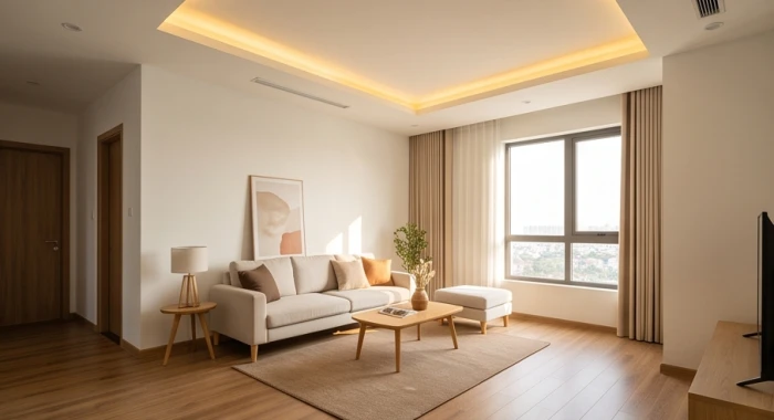 Phòng khách sơn tường màu trắng sứ thanh lịch kết hợp sàn gỗ ấm áp cân bằng phong thủy cho gia chủ Ất Sửu