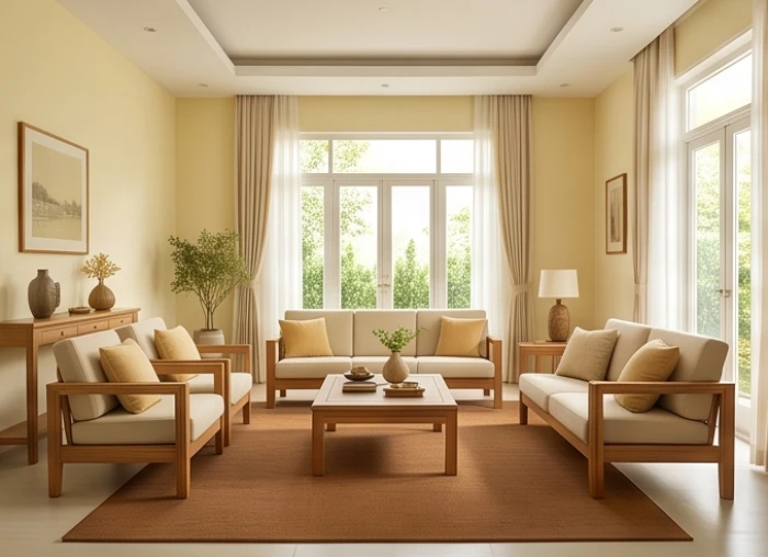 Phòng khách sơn tường màu vàng nhạt kết hợp thảm nâu đất cân bằng phong thủy gia đình nhiều thế hệ