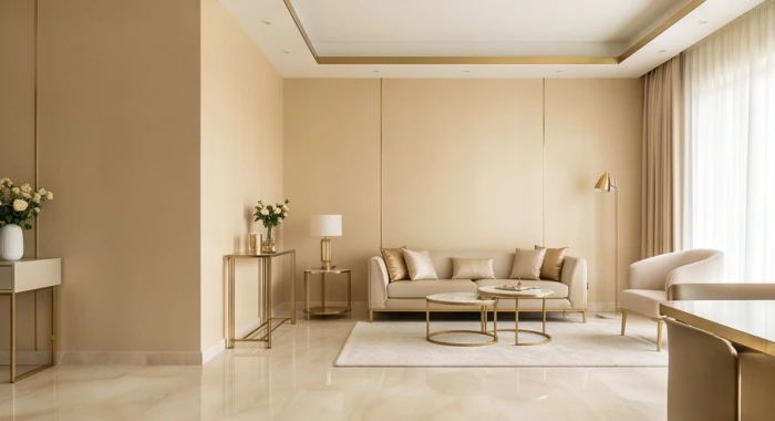 Phòng khách sang trọng sơn tường màu vàng ánh kim champagne ấm cúng cho tuổi Canh Thìn