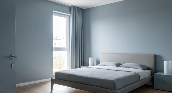Góc phòng ngủ tối giản sơn tường màu xám khói ánh xanh nhẹ nhàng cho tuổi Nhâm Thìn