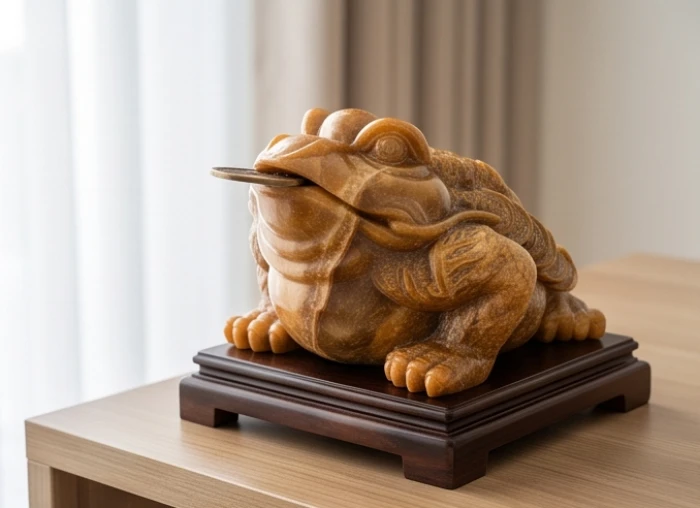 Tượng thiềm thừ đá màu vàng nâu sẫm hợp mệnh Thổ dành riêng cho gia chủ tuổi Đinh Hợi