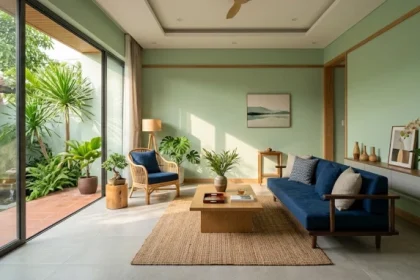 Phòng khách tông xanh dương và đen thiết kế chuẩn phong thủy giải đáp mậu thìn 1988 hợp màu gì