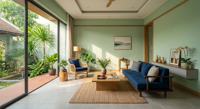 Phòng khách tông xanh dương và đen thiết kế chuẩn phong thủy giải đáp mậu thìn 1988 hợp màu gì