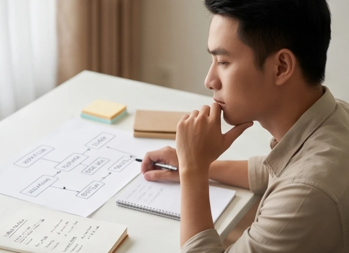 Thanh niên Kỷ Mão suy tư trước biểu đồ công việc thể hiện trạng thái giằng co tâm lý và tê liệt phân tích