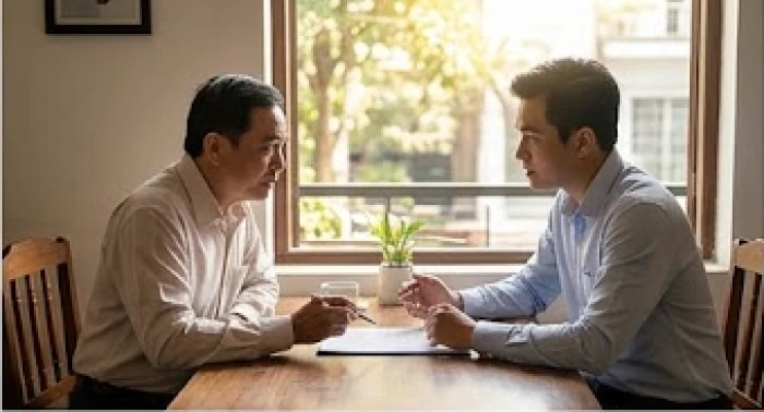 Hai người đối tác đang tranh luận gay gắt tại không gian làm việc minh họa cho sự mâu thuẫn người tuổi thân.