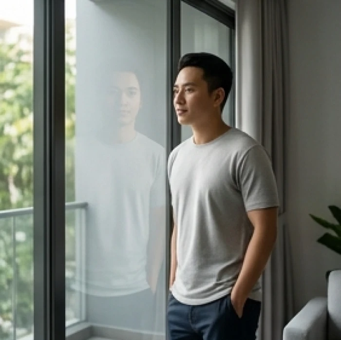 Người trẻ tuổi Bính Tý đứng trầm tư bên cửa sổ nhìn ra ban mai thể hiện sự đắn đo và mâu thuẫn trước quyết định lớn