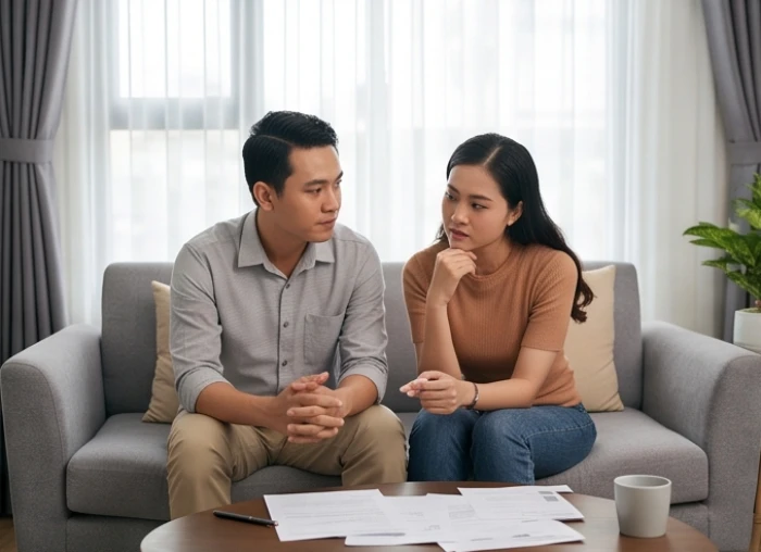 Cặp vợ chồng ngồi tại phòng khách thảo luận nghiêm túc về các khoản chi tiêu sinh hoạt