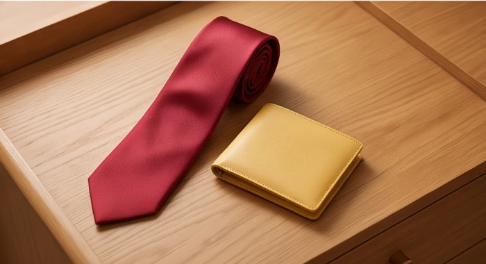 Bộ phụ kiện nhỏ gồm cravat màu đỏ sang trọng cùng ví da màu vàng nhạt giúp điều hòa sinh khí trong năm Bính Ngọ