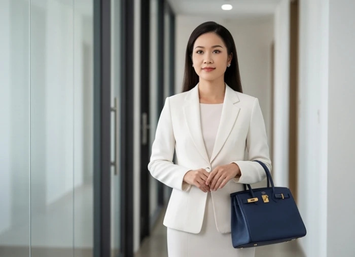 Phụ nữ công sở tuổi 1983 thanh lịch trong bộ váy khoác màu trắng ngọc trai cùng túi xách xanh biển