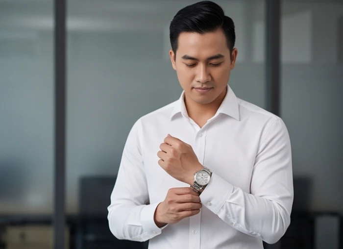 Nam giới tuổi giáp tý 1984 mặc áo sơ mi trắng tinh tế kết hợp đồng hồ kim loại màu bạc sang trọng