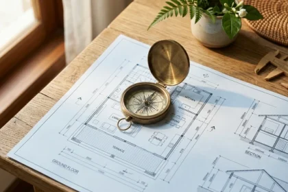 La bàn phong thủy và bản vẽ kiến trúc giúp gia chủ xác định mậu tuất 1958 hợp hướng nào để thu hút tài lộc