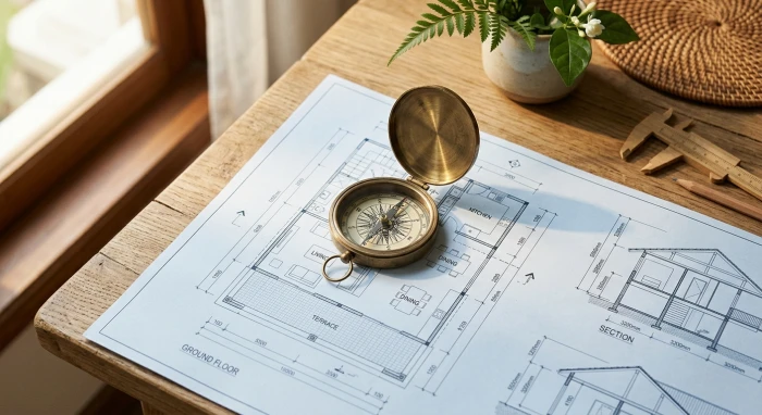 La bàn phong thủy và bản vẽ kiến trúc giúp gia chủ xác định mậu tuất 1958 hợp hướng nào để thu hút tài lộc