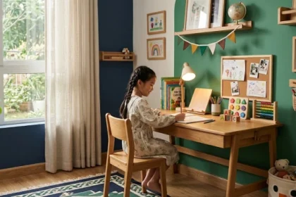 Góc học tập thiết kế theo tông màu xanh nước biển giúp giải đáp mậu tuất 2018 hợp màu gì