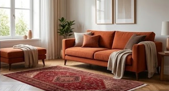 Không gian phòng khách tạo điểm nhấn với bộ sofa màu cam đất và thảm đỏ sẫm trợ lực tốt cho gia chủ mệnh Thổ