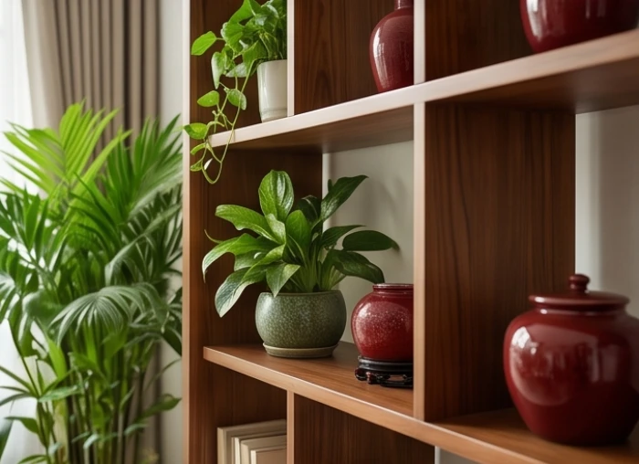 Sự kết hợp hài hòa giữa màu xanh lá cây và gốm sứ màu đỏ sẫm trang trí trong phòng làm việc