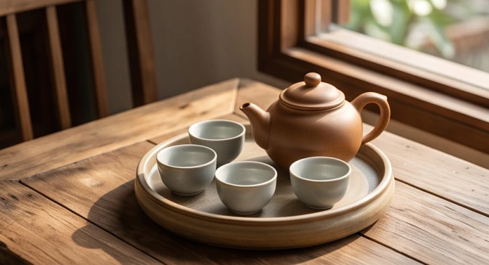 Bộ ấm trà gốm sứ màu nâu đất và trắng xám đại diện cho các nhóm màu tương sinh tương hợp của người mệnh Kim
