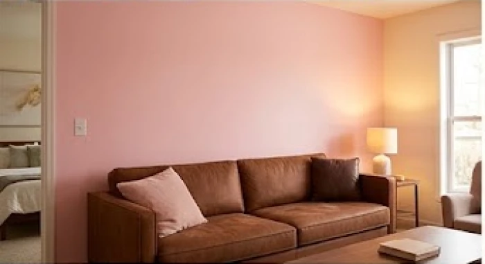 Góc phòng khách sử dụng mảng tường màu hồng pastel kết hợp sofa màu nâu đất tương sinh mệnh Thổ