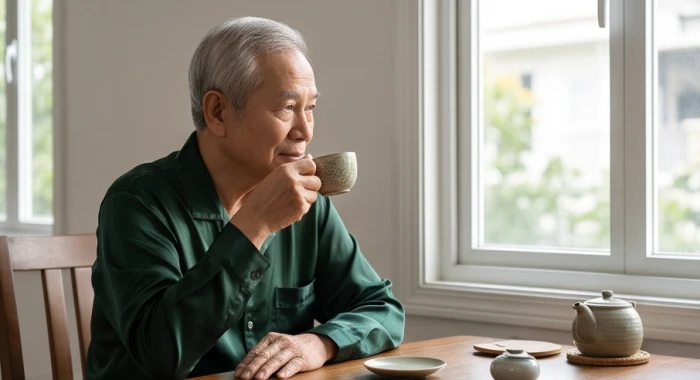 Cụ ông tuổi Quý Mùi mặc trang phục áo lụa màu xanh lá cây đậm ngồi uống trà tĩnh tâm cạnh cửa sổ
