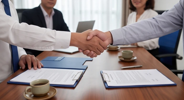 Hai đối tác kinh doanh bắt tay hợp tác vui vẻ trên bàn làm việc bằng gỗ sang trọng cùng hồ sơ dự án đầu tư