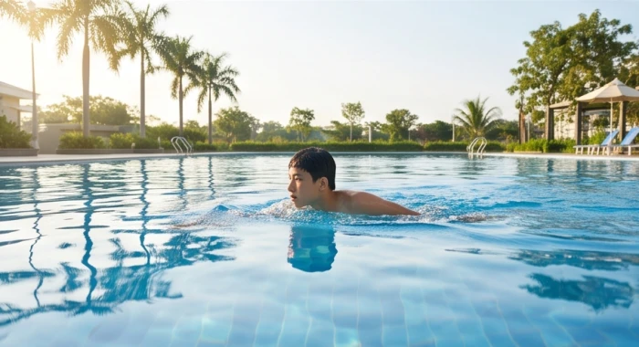 Học sinh tuổi mậu tý 2008 bơi lội trong hồ bơi xanh mát giúp tiết chế ngọn lửa tích lịch hỏa vượng