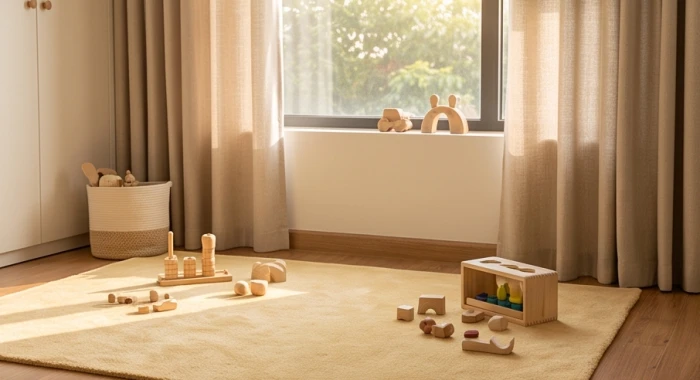 Góc sinh hoạt ấm áp của bé với thảm trải sàn màu vàng cát và đồ chơi gỗ nâu nhẹ nhàng