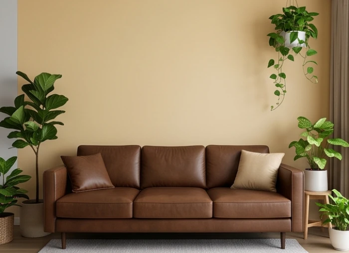 Bộ sofa da màu nâu cà phê kết hợp tường vàng cát nhạt mang lại vượng khí cho người sinh năm giáp tý 1984