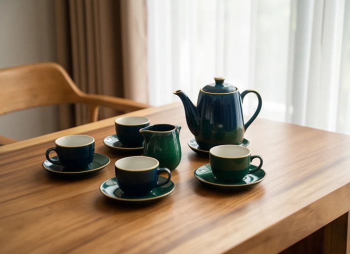 Bộ ấm trà gốm sứ màu xanh lục và xanh dương đậm đặt trên bàn gỗ thịt nguyên khối ấm cúng