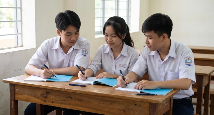 Ba học sinh ngồi cạnh nhau thảo luận bài tập với đồ dùng học tập và bình nước màu xanh dương nổi bật