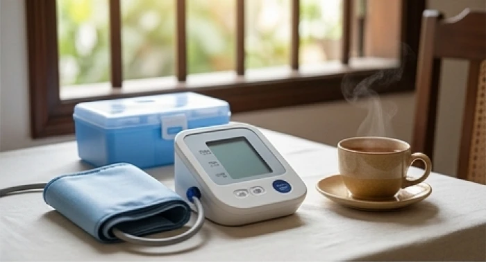 Máy đo huyết áp và hộp đựng thuốc màu xanh dương đặt trên bàn trà hợp mệnh Thủy tuổi Nhâm Thìn