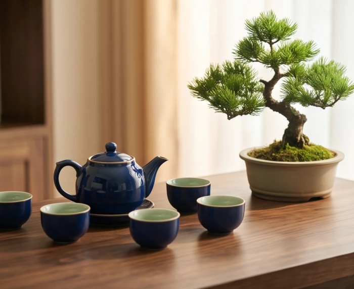 Bộ ấm trà gốm sứ màu xanh dương nhã nhặn bên chậu cây tùng bách xanh mướt hợp tuổi tân mão 1951