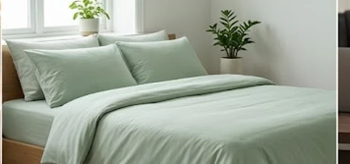 Không gian phòng ngủ êm ái với chậu cây cảnh nhỏ và rèm cửa màu xanh lá cây pastel nhẹ nhàng