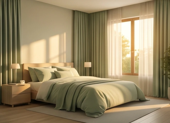 Rèm cửa và chăn ga giường màu xanh lá cây trong phòng ngủ giúp cân bằng Thủy Hỏa