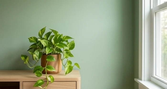 Mảng tường sơn màu xanh lá cây kết hợp cùng cây trầu bà trong nhà ở giúp nuôi dưỡng năng lượng Thiên Thượng Hỏa
