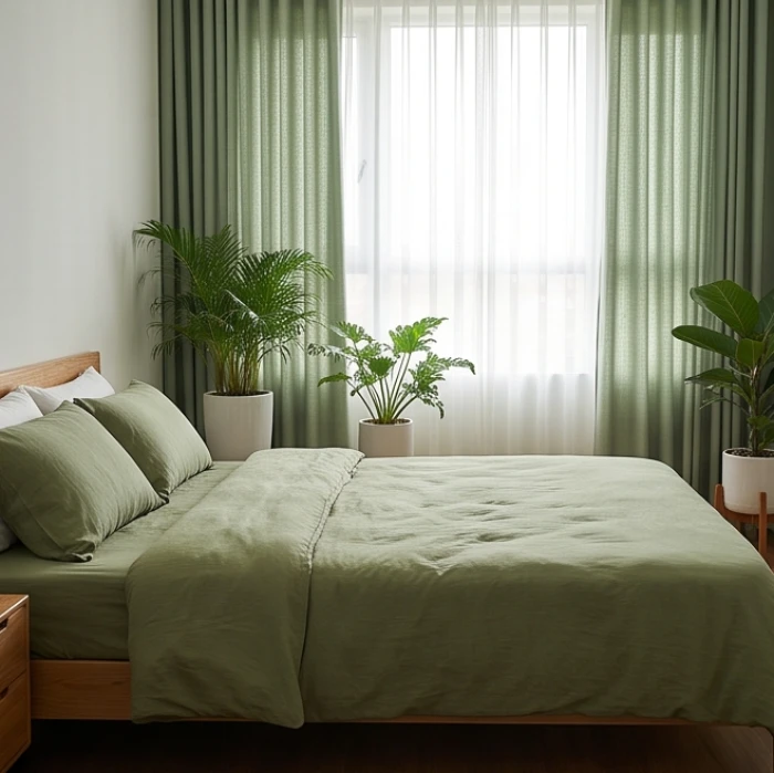 Phòng ngủ trang trí rèm cửa và ga gối màu xanh rêu mang yếu tố Mộc giúp hóa giải xung khắc Thủy Hỏa