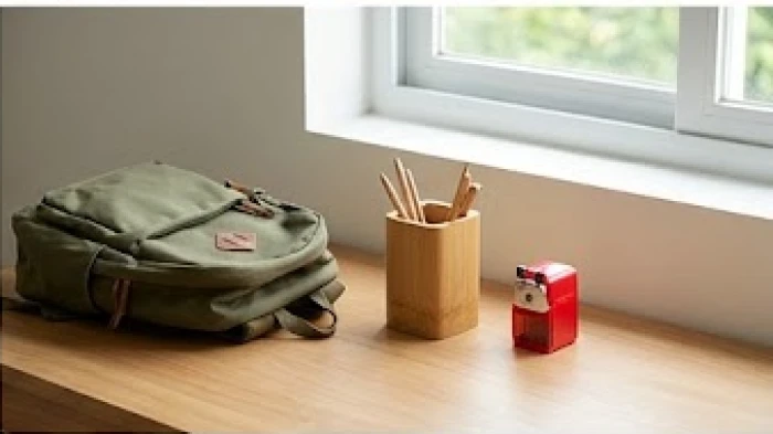 Bàn học có ba lô xanh rêu và hộp bút gỗ nhấn nhá chiếc đồ gọt chì đỏ