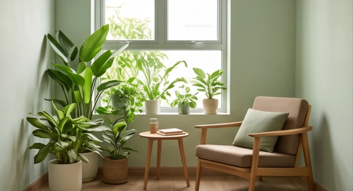 Góc đọc sách thư thái được trang trí nhiều mảng xanh tự nhiên giúp cân bằng năng lượng Tích Lịch Hỏa