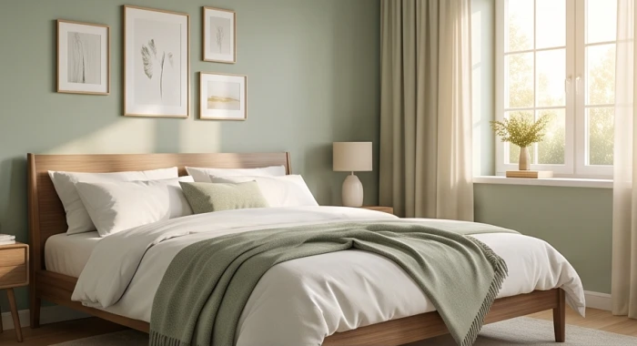 Một góc phòng ngủ sơn màu xanh lá cây mát mắt mang lại năng lượng tương sinh cho tuổi Ất Tỵ mệnh Hỏa