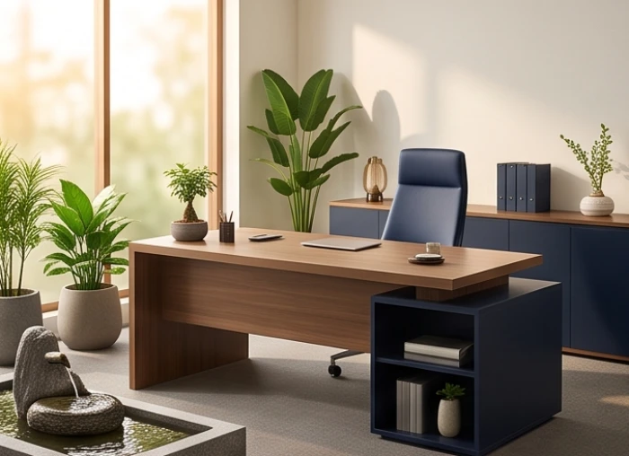 Không gian làm việc thiết kế với tông màu xanh nước biển thẫm hợp phong thủy tuổi Kỷ Tỵ
