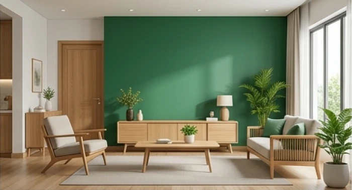 Phòng khách sơn tường màu xanh lục bảo kết hợp nội thất gỗ hợp phong thủy cho tuổi Bính Dần