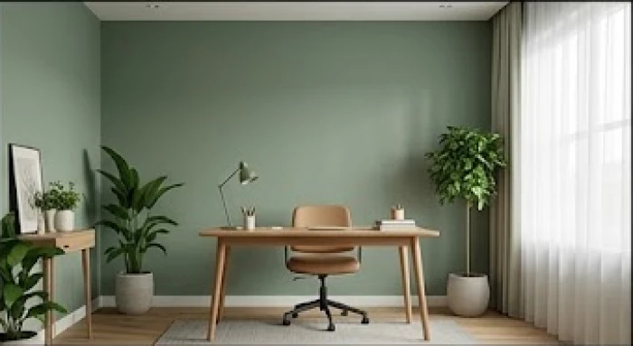 Không gian làm việc tại nhà với mảng tường màu xanh rêu dịu mát