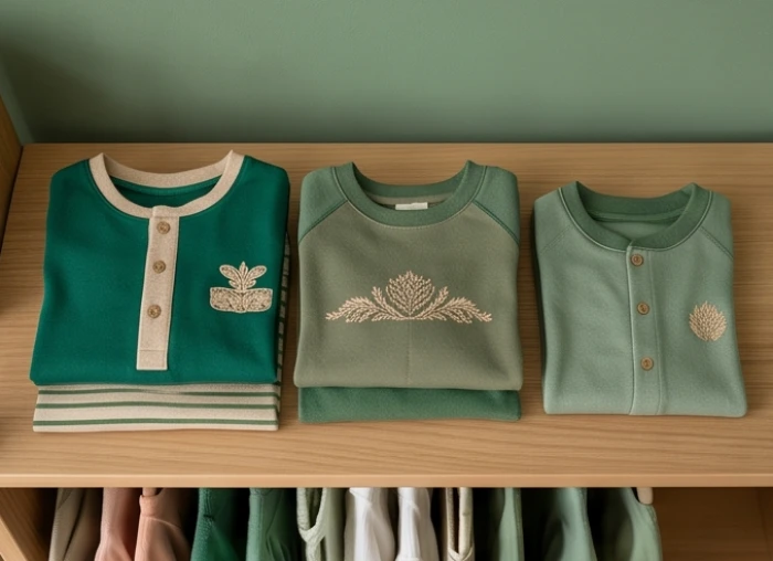 Bộ trang phục cotton màu xanh rêu phối viền màu vàng đất dành riêng cho bé trai mệnh Phú Đăng Hỏa
