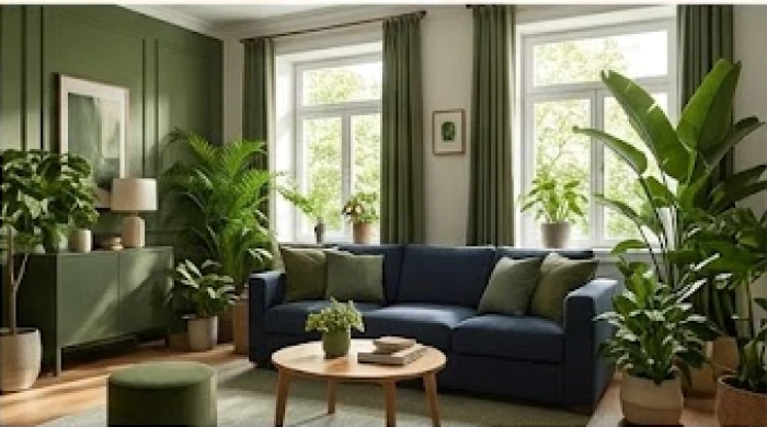 Phòng khách hiện đại trang trí tông xanh rêu kết hợp sofa màu xanh dương sẫm cho người mệnh Mộc